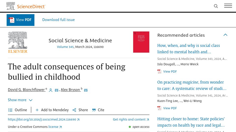 Screenshot of sciencedirect.com: The adult consequences of being bullied in childhood