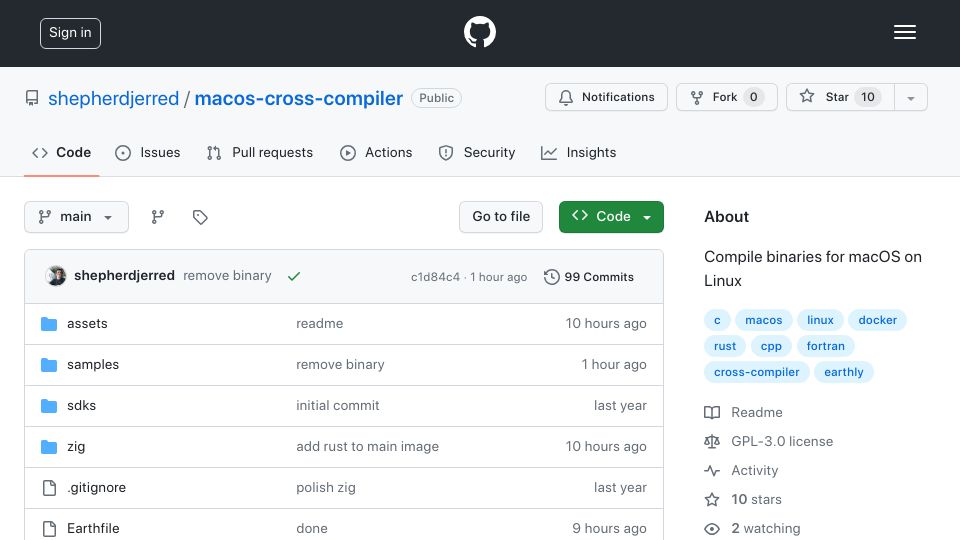 Screenshot of github.com: Show HN: macOS-cross-compiler – Compile binaries for macOS on Linux