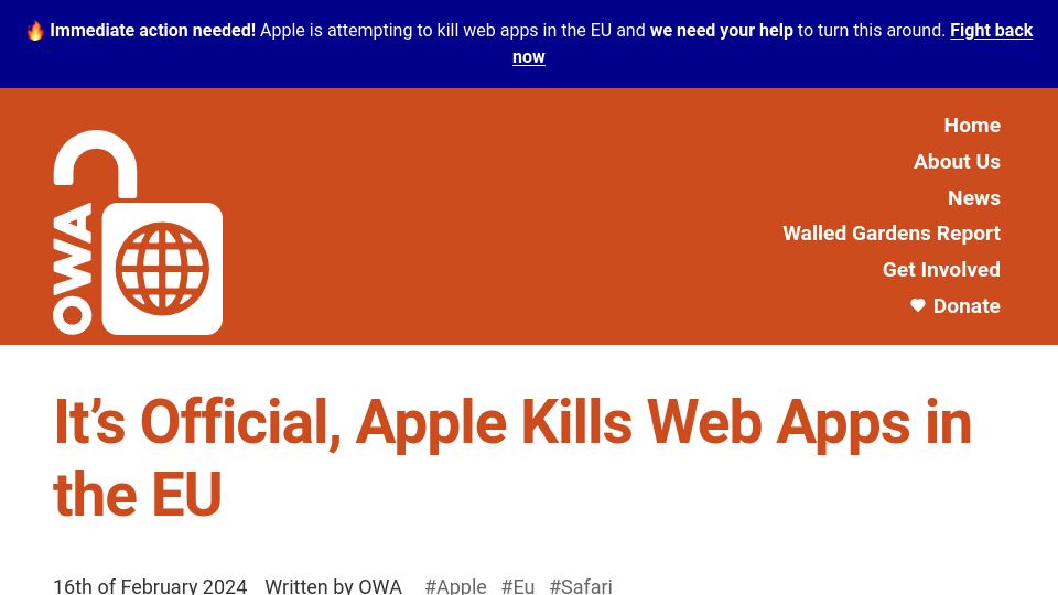 Screenshot of open-web-advocacy.org: It’s Official, Apple Kills Web Apps in the EU