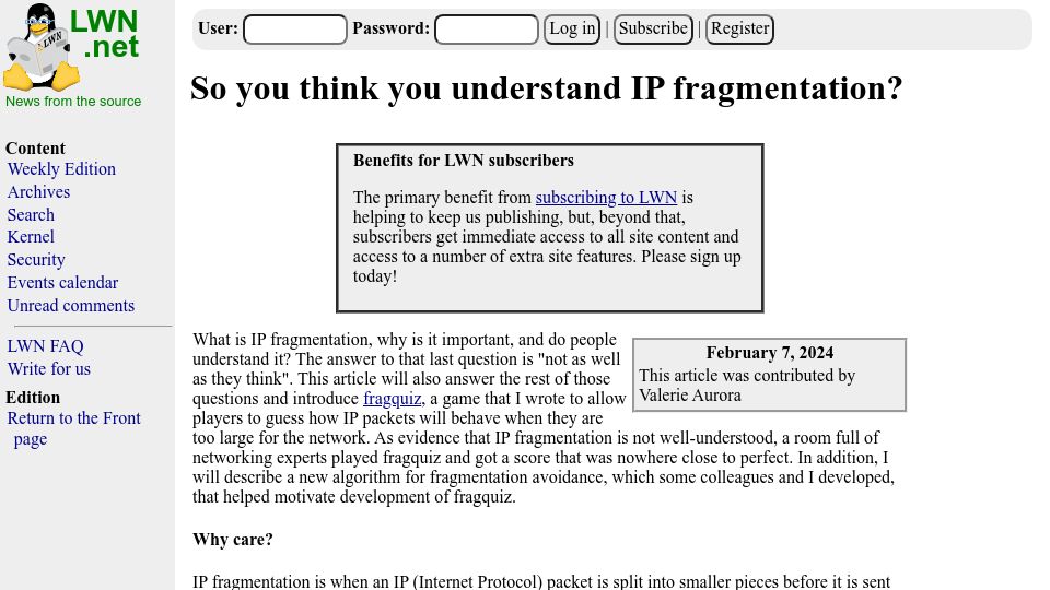 Screenshot of lwn.net: So you think you understand IP fragmentation?