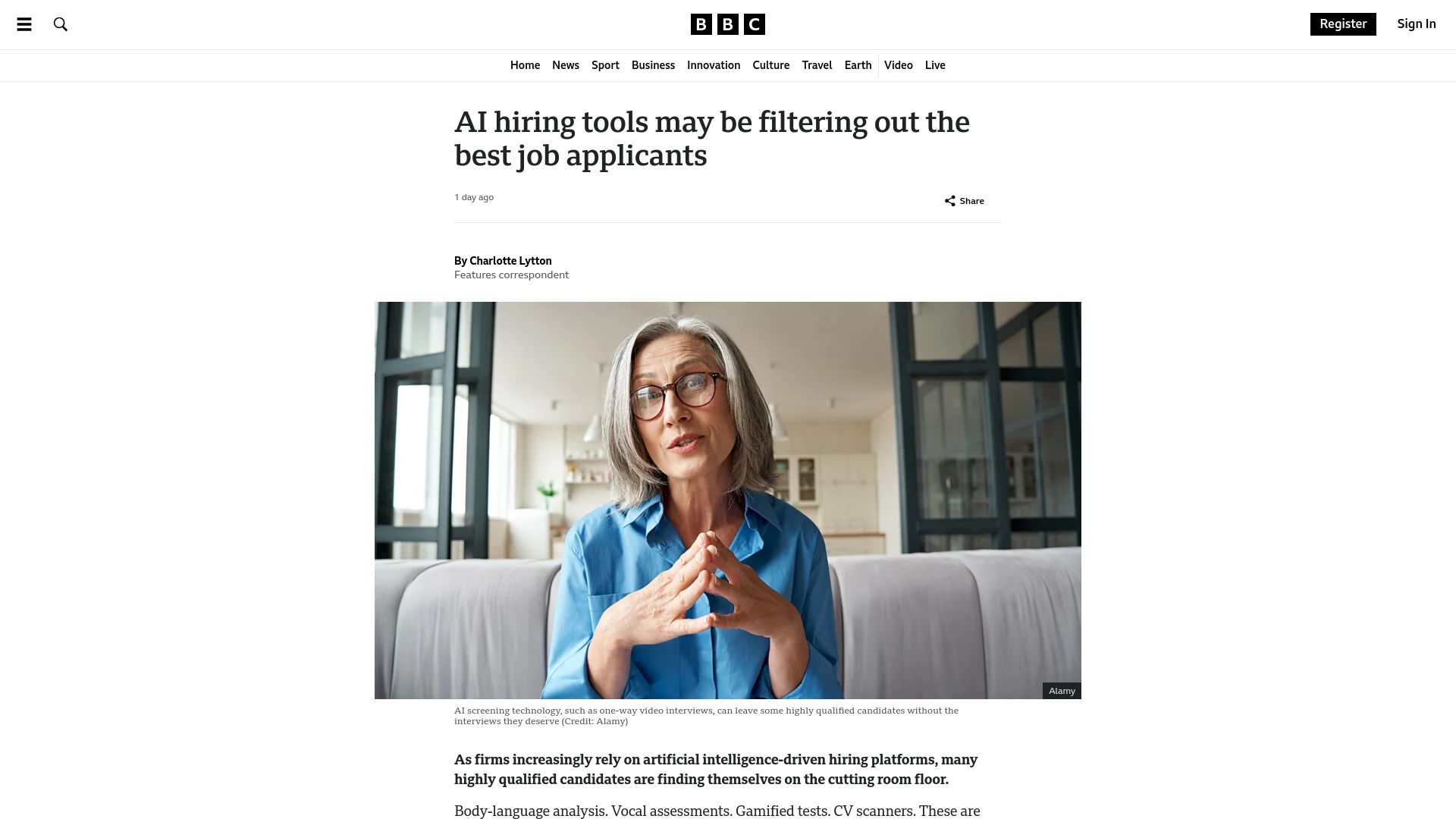 Screenshot of bbc.com: AI hiring tools may be filtering out the best job applicants
