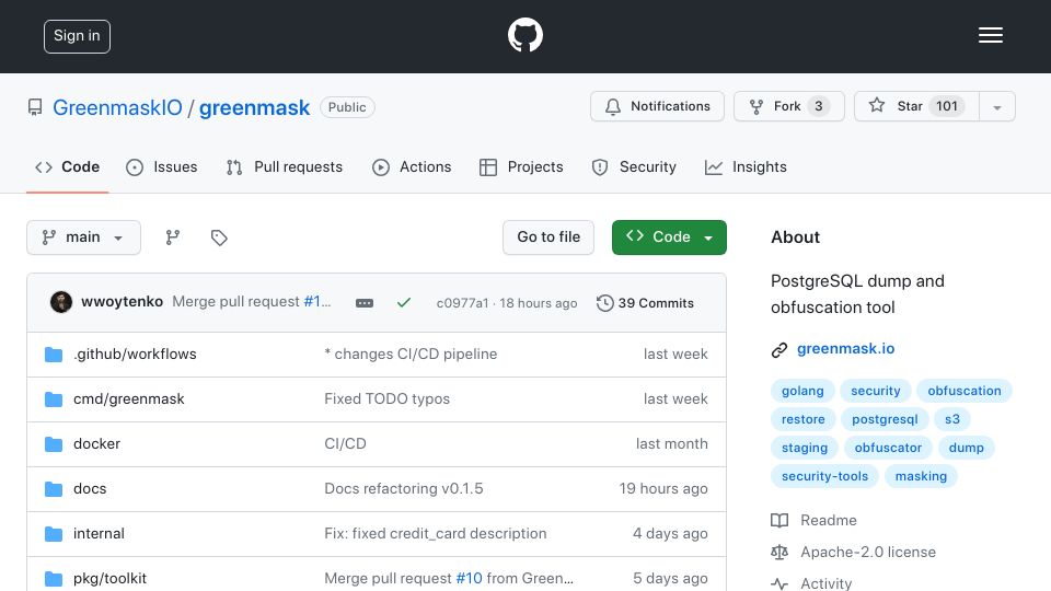 Screenshot of github.com: Greenmask: PostgreSQL Dump and Obfuscation Tool