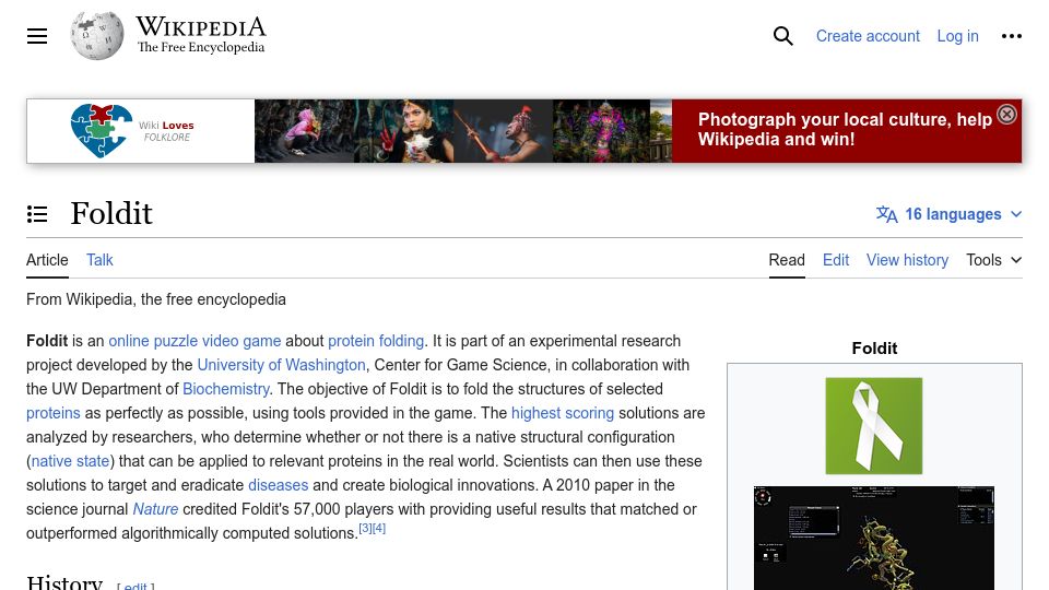 Screenshot of en.wikipedia.org: Foldit