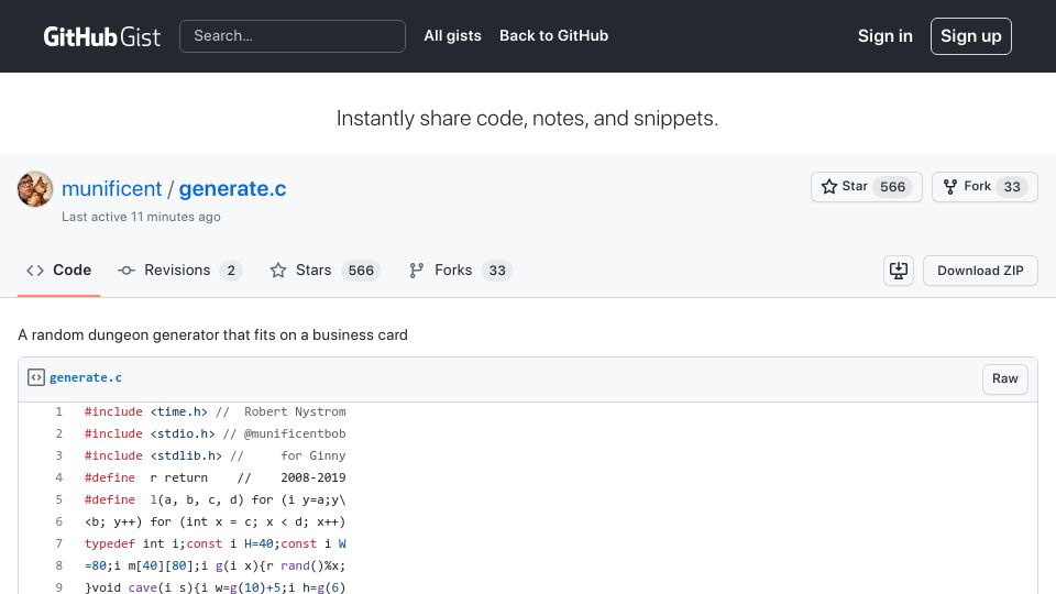 Screenshot of gist.github.com: A random dungeon generator that fits on a business card (2019)