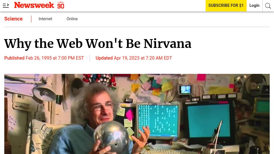 Screenshot of newsweek.com: The web won't be nirvana (1995)