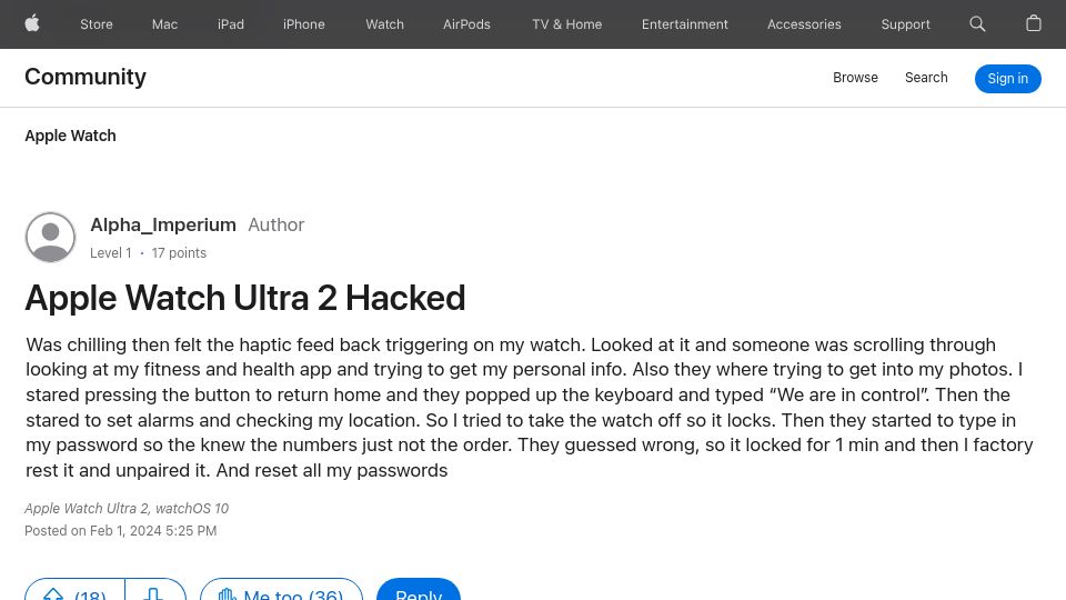 Screenshot of discussions.apple.com: Apple Watch Ultra 2 Hacked