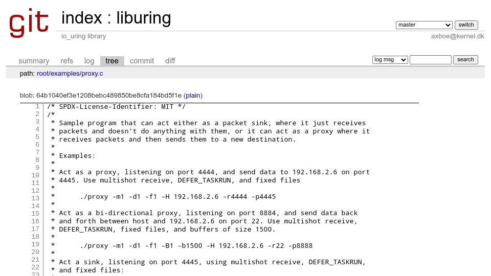 Screenshot of git.kernel.dk: Basic proxy implementation using io_uring