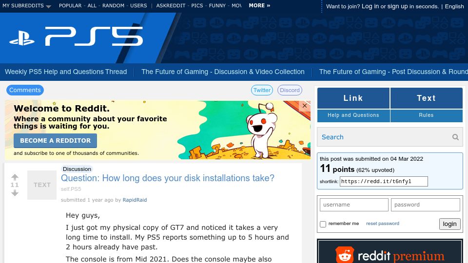 Screenshot of old.reddit.com: Disconnecting the Playstation 5 from Internet installs DVD games faster