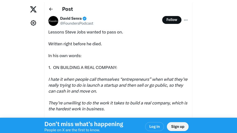 Screenshot of twitter.com: Lessons Steve Jobs wanted to pass on. Written right before he died