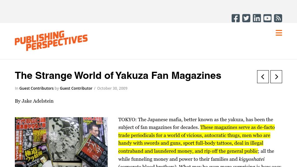 Screenshot of publishingperspectives.com: The world of Yakuza fan magazines (2009)