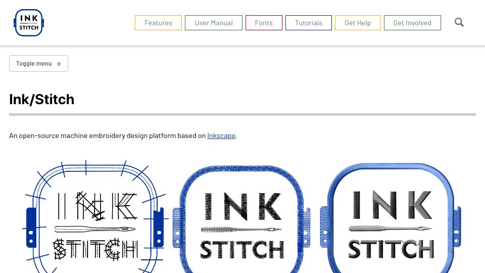 Screenshot of inkstitch.org: Ink/Stitch: An open-source machine embroidery design platform based on Inkscape