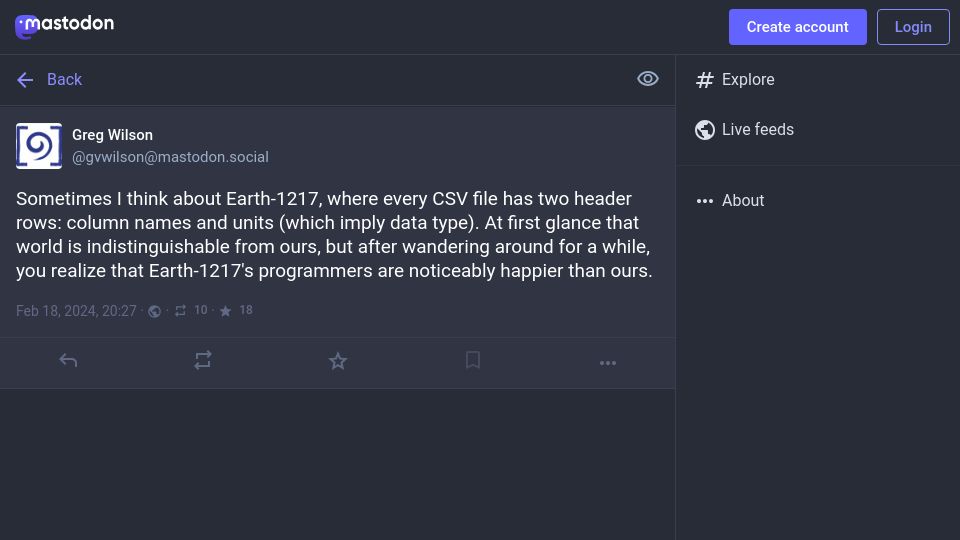 Screenshot of hachyderm.io: Earth-1217: where every CSV file has two header rows: column names and units