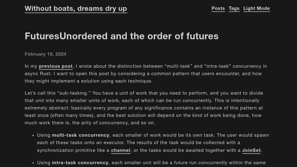 Screenshot of without.boats: FuturesUnordered and the order of futures