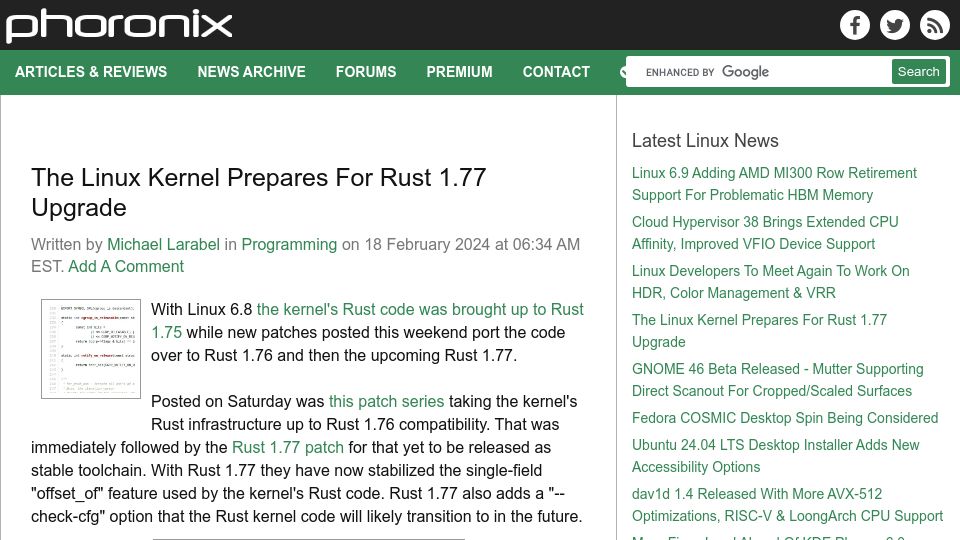 Screenshot of phoronix.com: The Linux Kernel Prepares for Rust 1.77 Upgrade