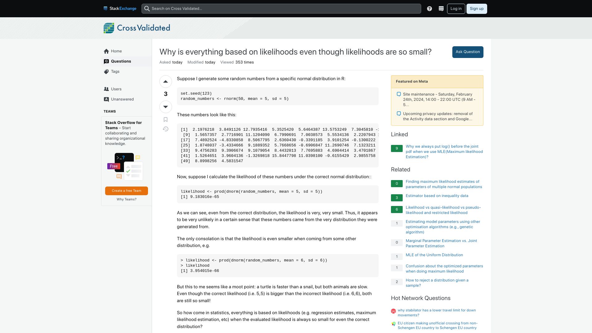 Screenshot of stats.stackexchange.com: Why is everything based on likelihoods even though likelihoods are so small?