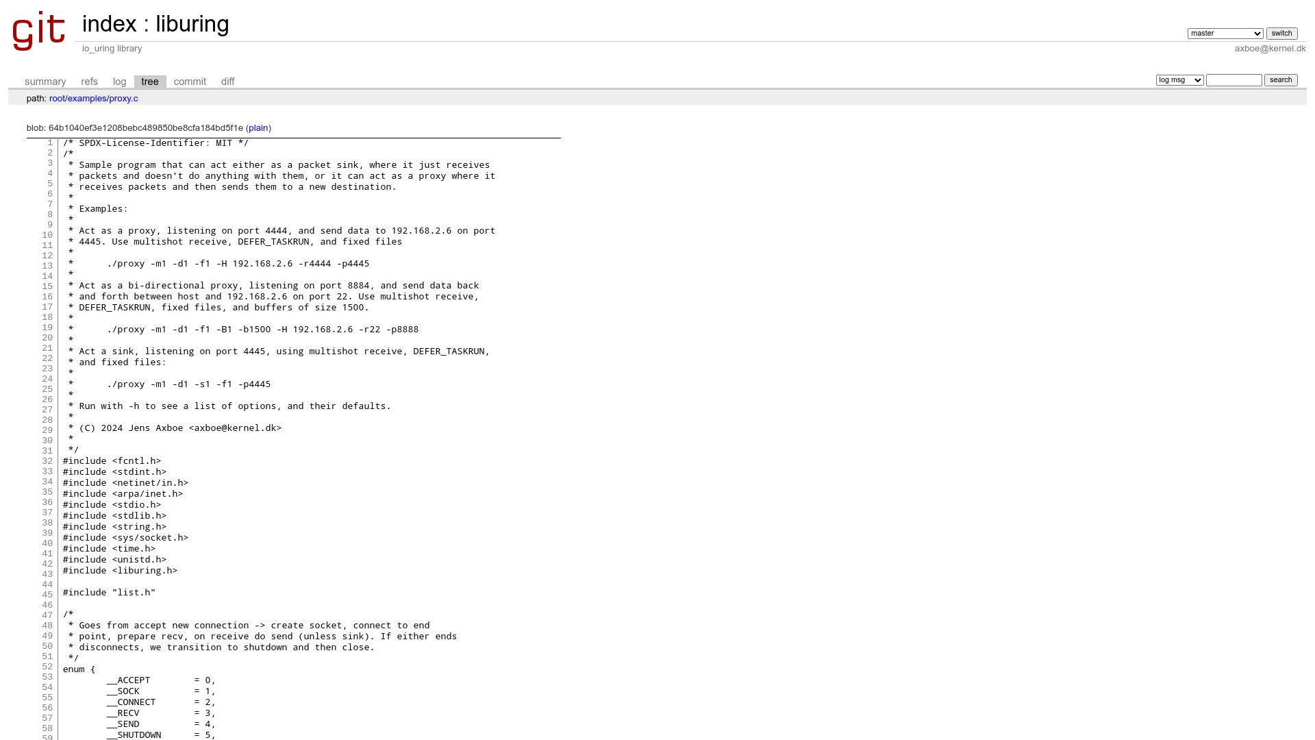 Screenshot of git.kernel.dk: Basic proxy implementation using io_uring