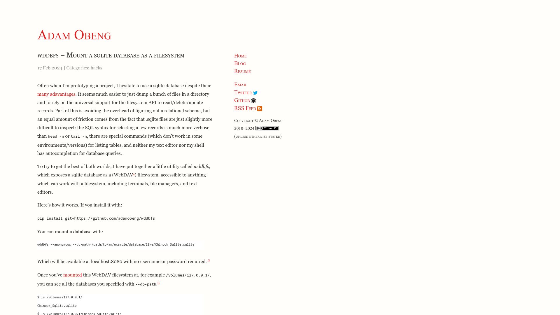 Screenshot of adamobeng.com: Wddbfs – Mount a SQLite database as a filesystem
