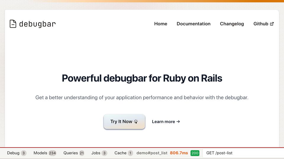 Screenshot of debugbar.dev: RoR Debugbar