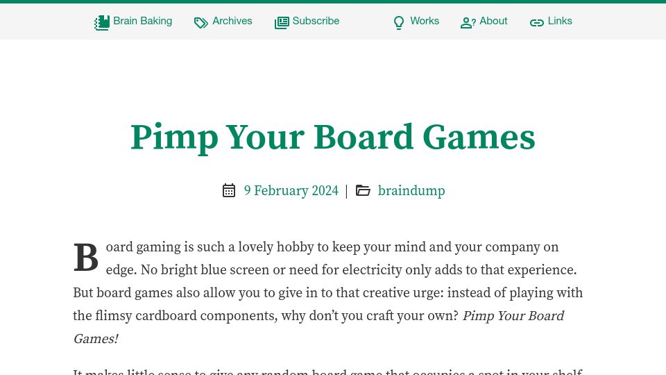 Screenshot of brainbaking.com: Pimp Your Board Games
