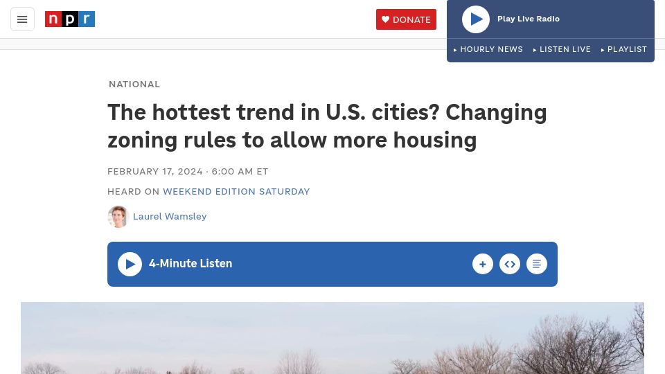 Screenshot of npr.org: The hottest trend in U.S. cities? Changing zoning rules to allow more housing