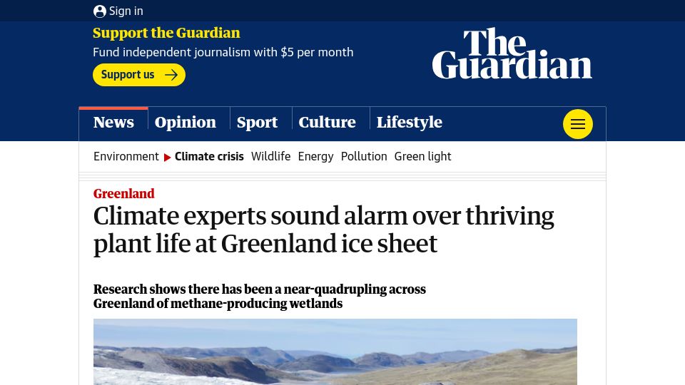 Screenshot of theguardian.com: Climate experts sound alarm over thriving plant life at Greenland ice sheet