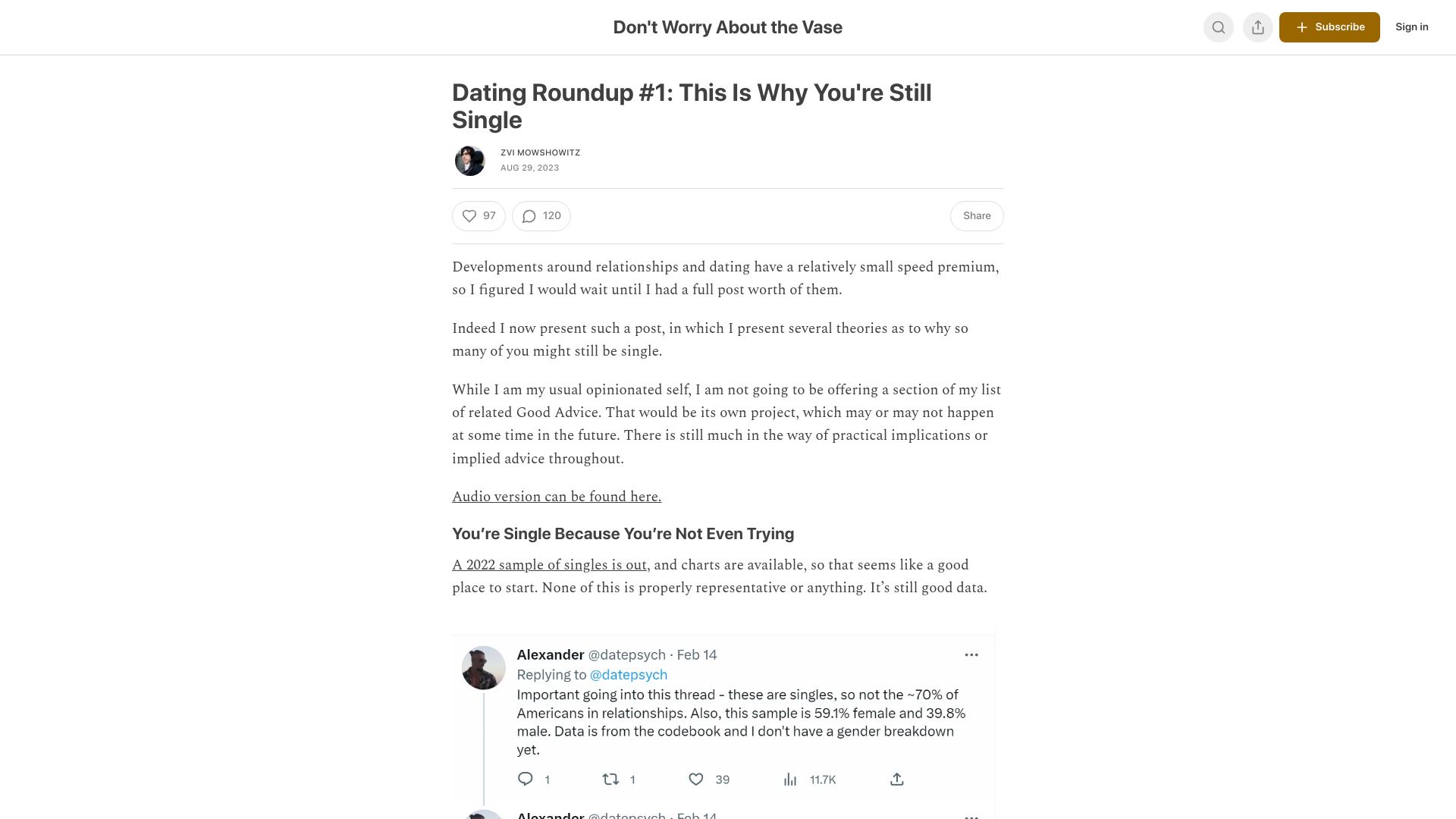 Screenshot of thezvi.substack.com: Why You're Still Single (2023)