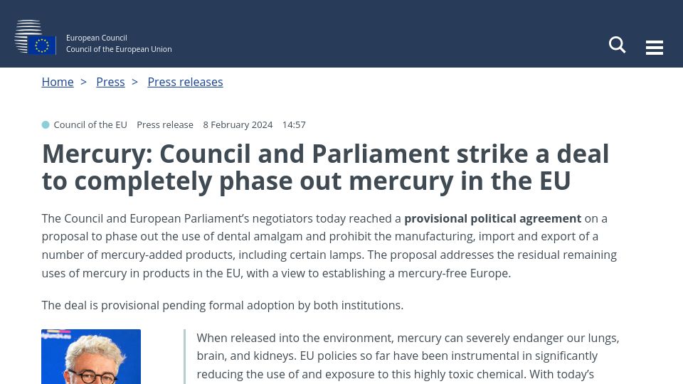 Screenshot of consilium.europa.eu: Mercury: Council and Parliament strike a deal to phase out mercury in the EU
