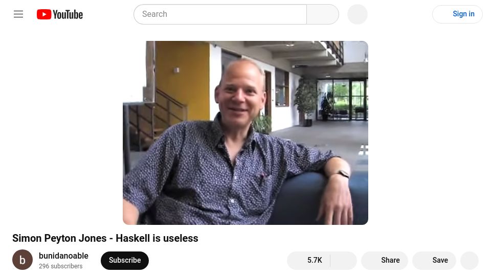 Screenshot of youtube.com: Haskell is Useless (2011) [video]