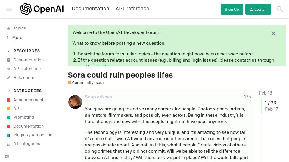Screenshot of community.openai.com: Sora could ruin peoples lives