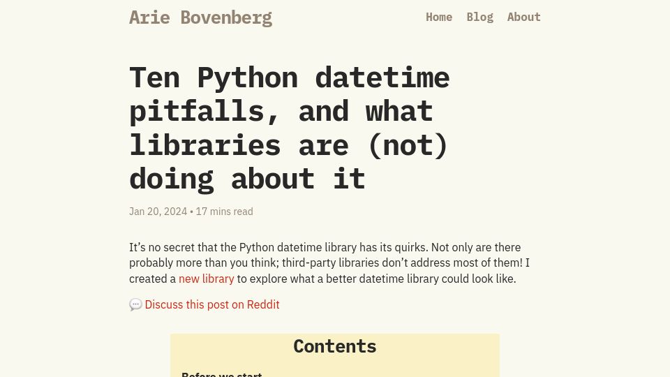 Screenshot of dev.arie.bovenberg.net: Python datetime pitfalls, and what libraries are (not) doing about it