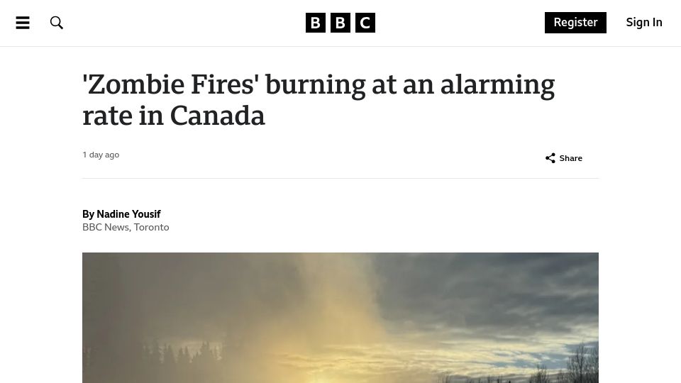Screenshot of bbc.com: 'Zombie Fires' burning at an alarming rate in Canada