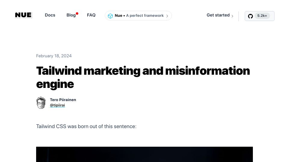 Screenshot of nuejs.org: Tailwind CSS marketing and misinformation engine