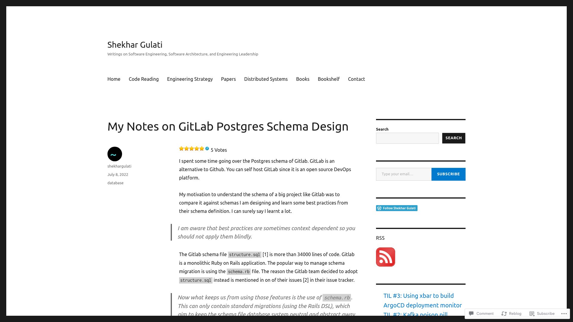 Screenshot of shekhargulati.com: My notes on Gitlab's Postgres schema design (2022)