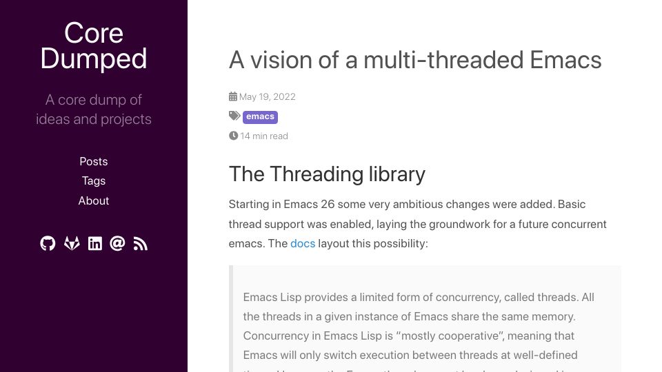 Screenshot of coredumped.dev: A vision of a multi-threaded Emacs (2022)