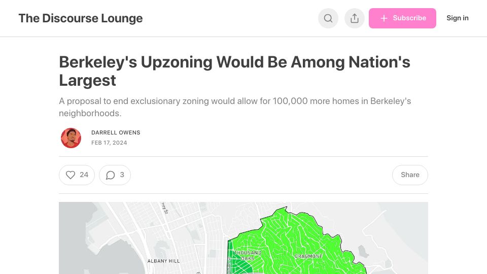 Screenshot of darrellowens.substack.com: Berkeley's upzoning would be among nation's largest