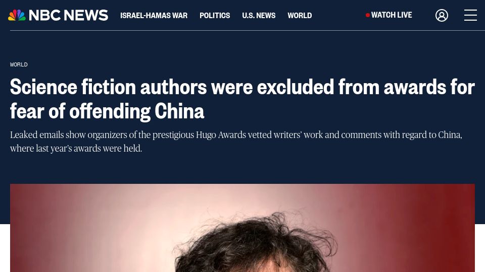 Screenshot of nbcnews.com: Science fiction authors were excluded from awards for fear of offending China