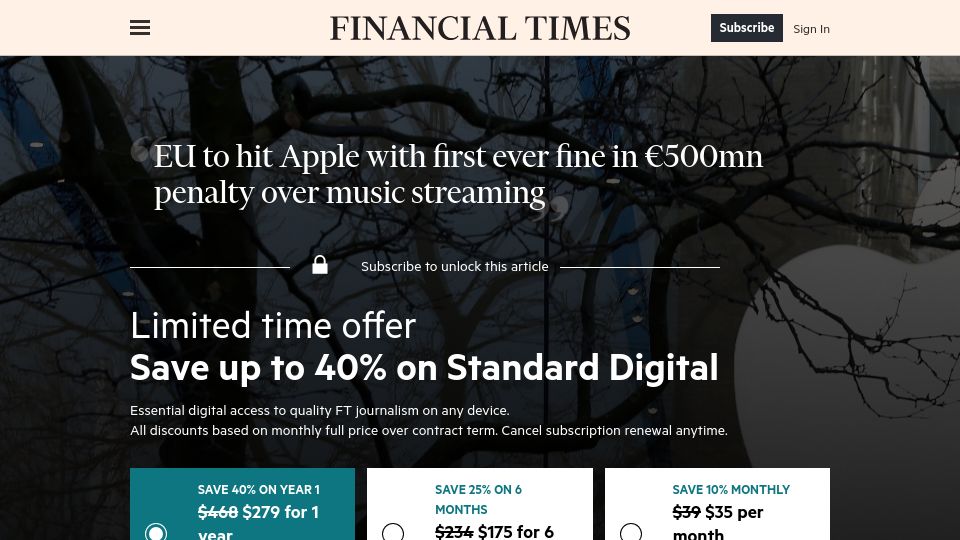 Screenshot of ft.com: EU to hit Apple with first ever fine in €500M penalty over music streaming