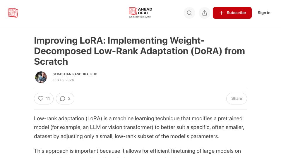 Screenshot of magazine.sebastianraschka.com: Implementing Weight-Decomposed Low-Rank Adaptation (DoRA) from Scratch