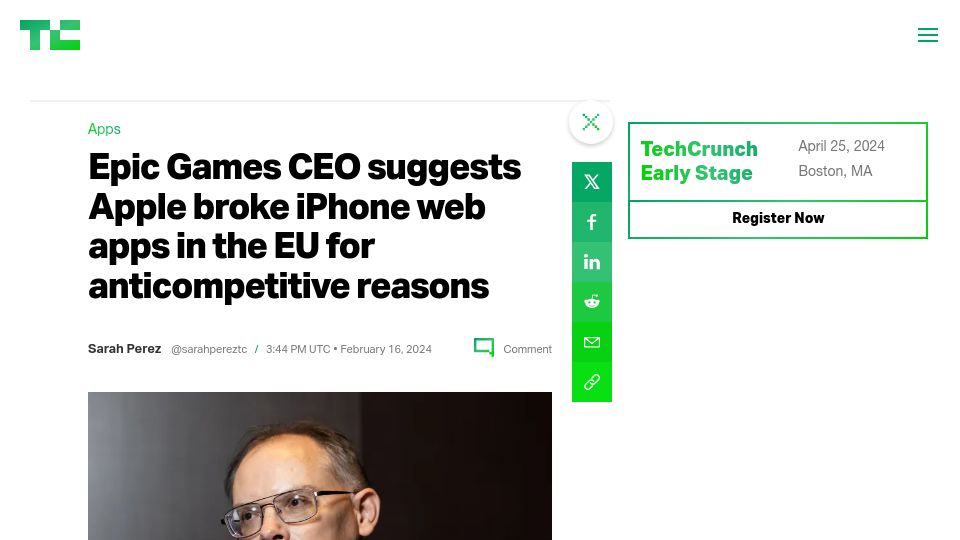 Screenshot of techcrunch.com: Apple broke iPhone web apps in the EU for anticompetitive reasons – Tim Sweeney