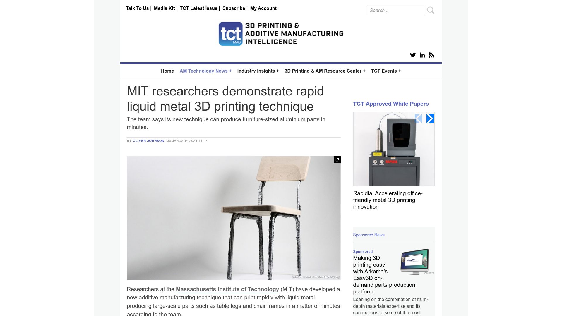 Screenshot of tctmagazine.com: MIT researchers demonstrate rapid liquid metal 3D printing technique