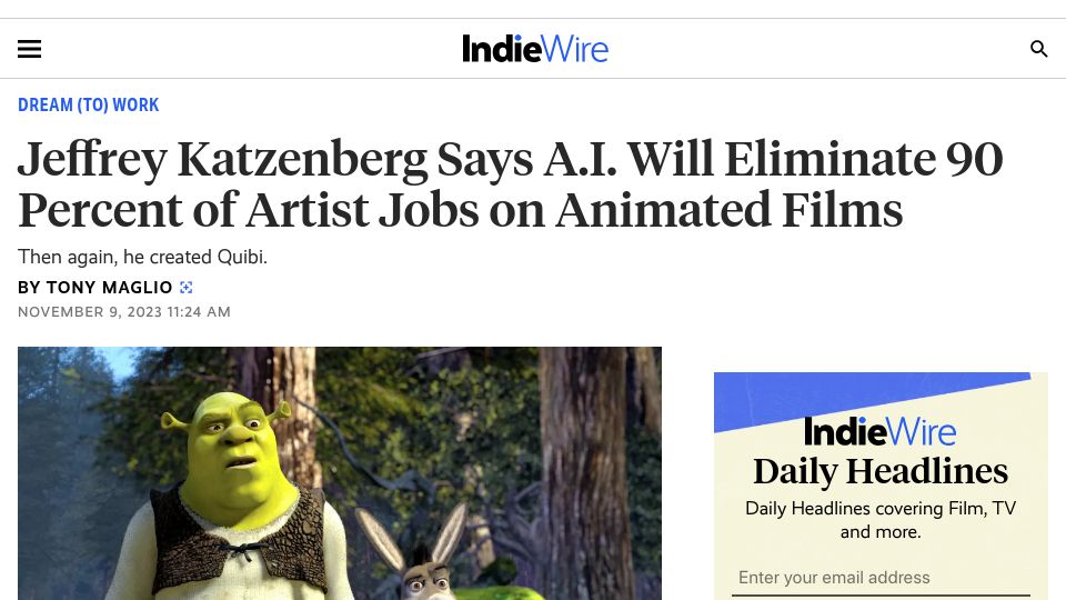 Screenshot of indiewire.com: Jeffrey Katzenberg Says A.I. Will Eliminate 90% of Artist Jobs on Animated Films
