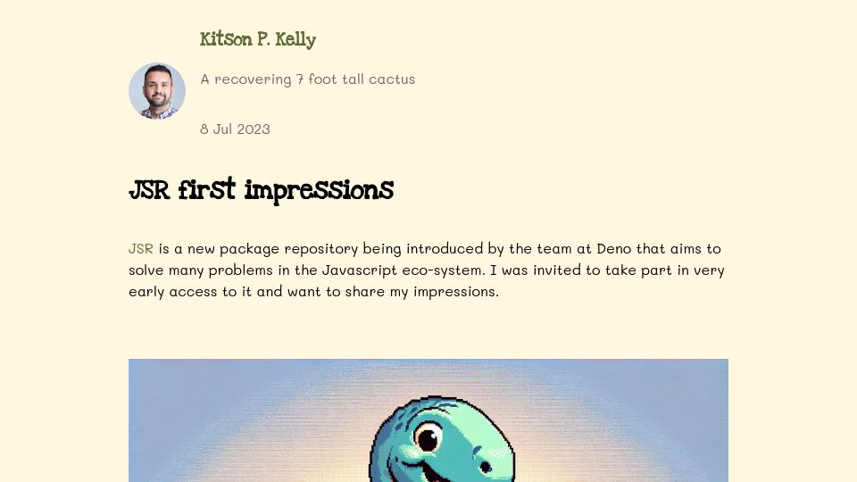 Screenshot of kitsonkelly.com: JSR first impressions: a JavaScript package manager by the Deno team (2023)