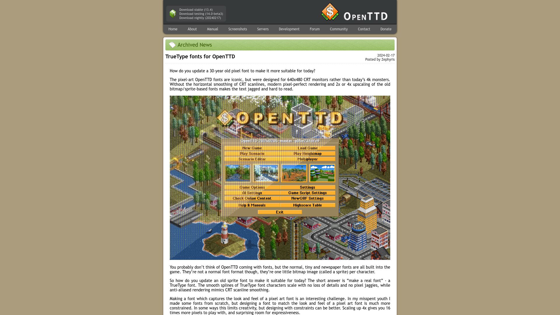 Screenshot of openttd.org: TrueType Fonts for OpenTTD