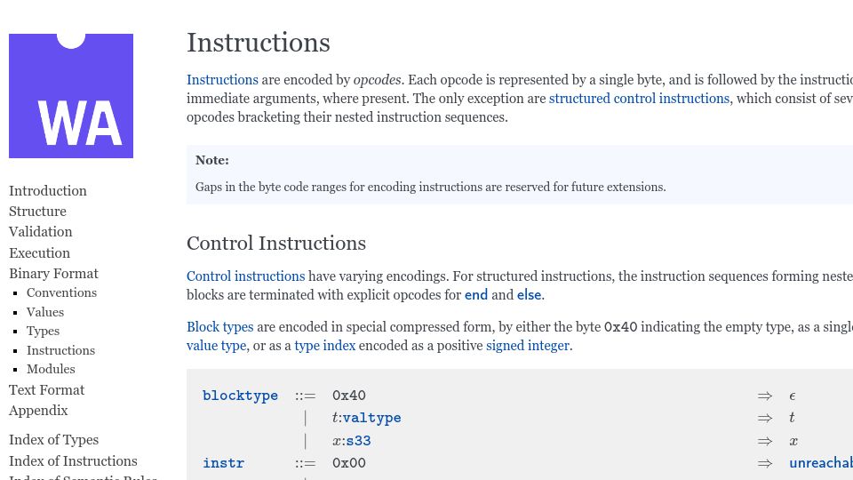 Screenshot of webassembly.github.io: WASM Instructions