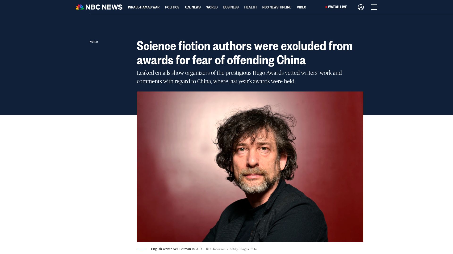 Screenshot of nbcnews.com: Science fiction authors were excluded from awards for fear of offending China