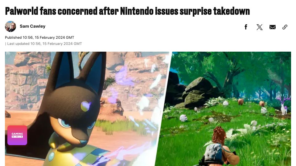 Screenshot of gamingbible.com: Palworld fans concerned after Nintendo issues surprise takedown