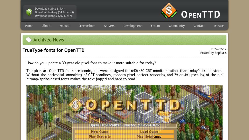 Screenshot of openttd.org: TrueType Fonts for OpenTTD