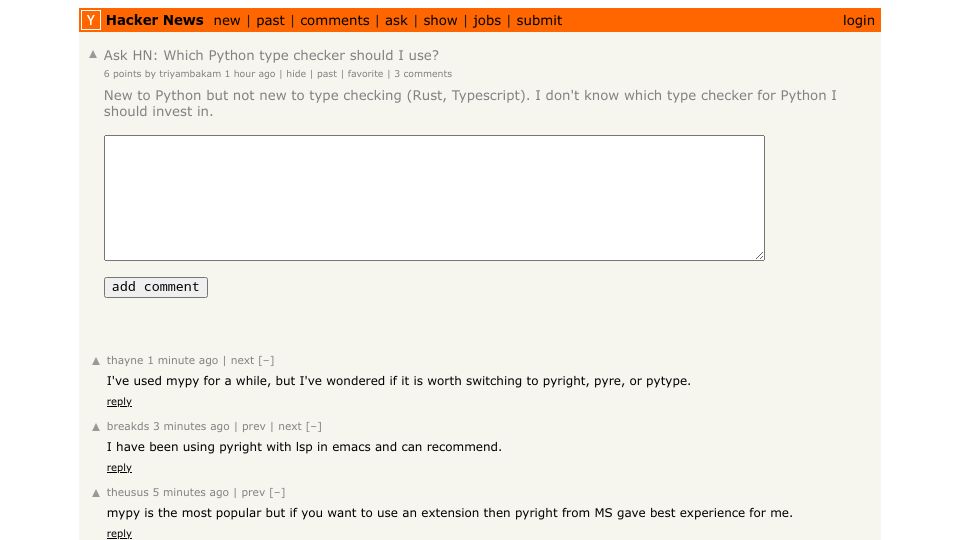 Screenshot of Hacker News post: Ask HN: Which Python type checker should I use?