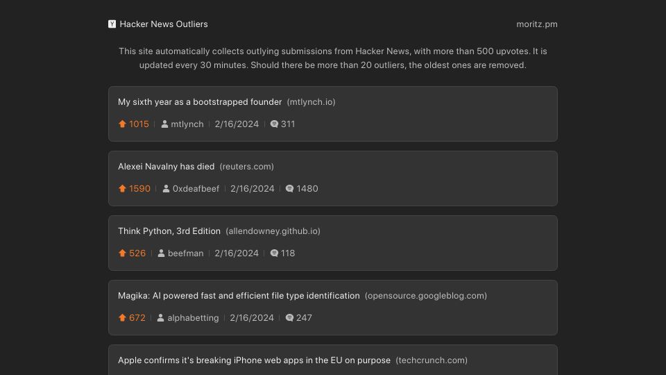 Screenshot of hn.moritz.pm: Show HN: Hacker News Outliers