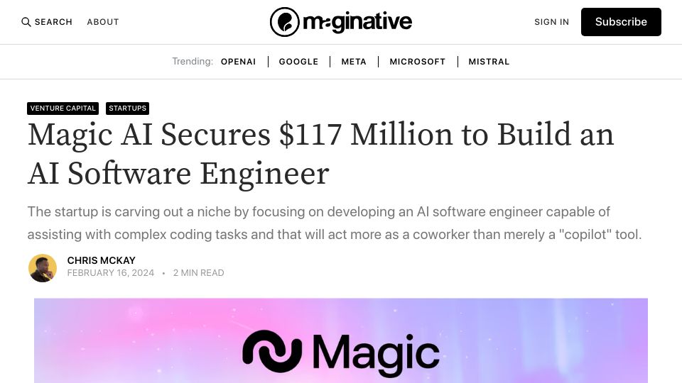 Screenshot of maginative.com: Magic AI Secures $117M to Build an AI Software Engineer